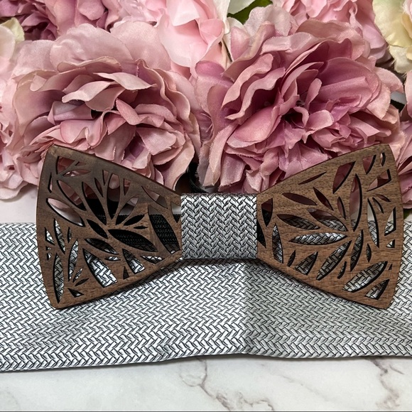 Handmade Wood Butterfly Bow Tie Cufflinks Blue Pocket Square & Boutonnière Set - Picture 5 of 16